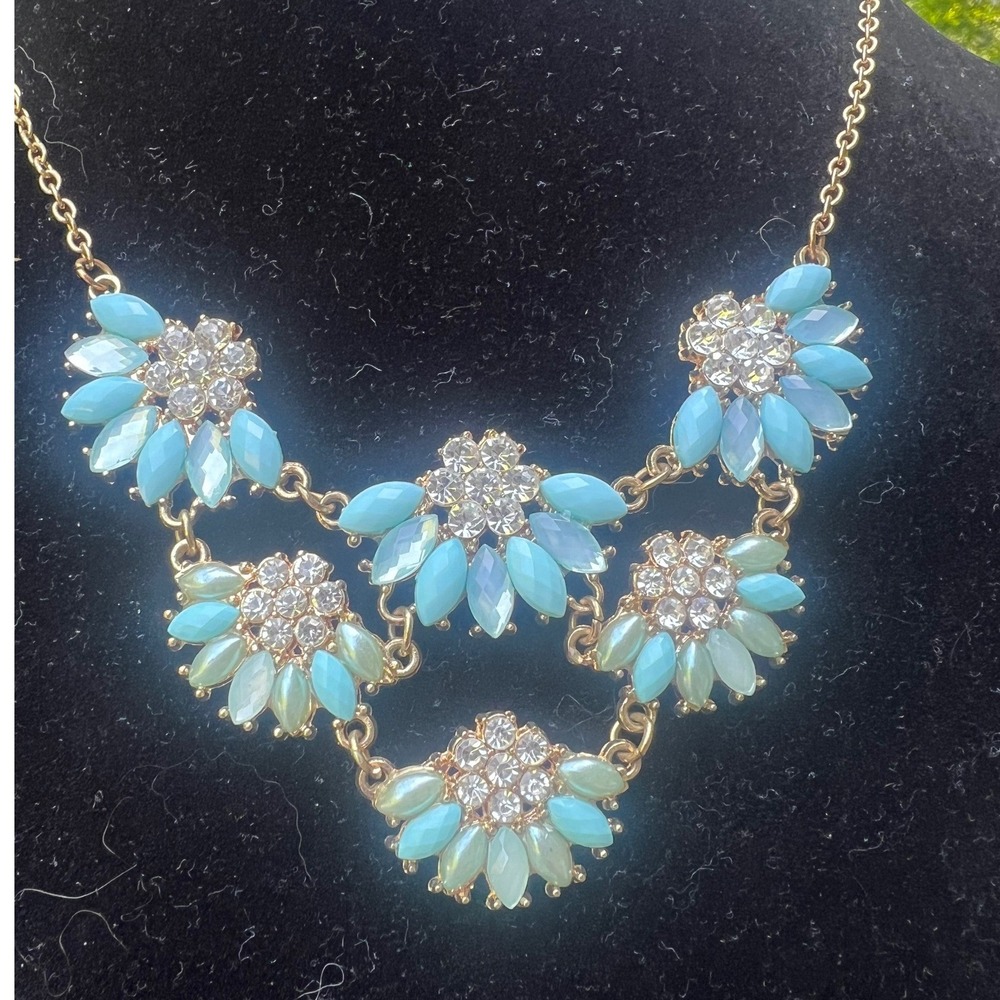 Gold Tone Turquoise Blue Rhinestone Floral Statement Bib Necklace Adjust. 20-22